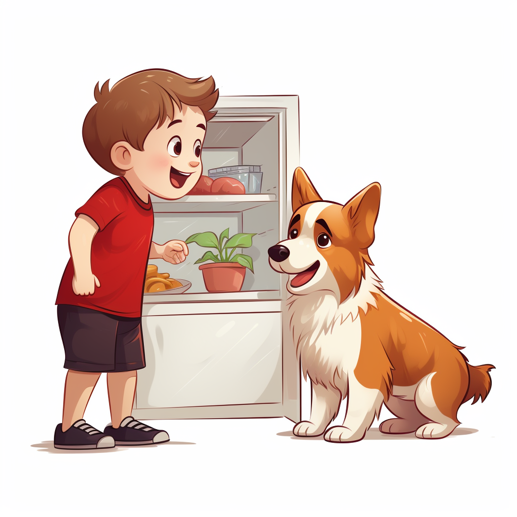 Boy and Corgi searching in fridge