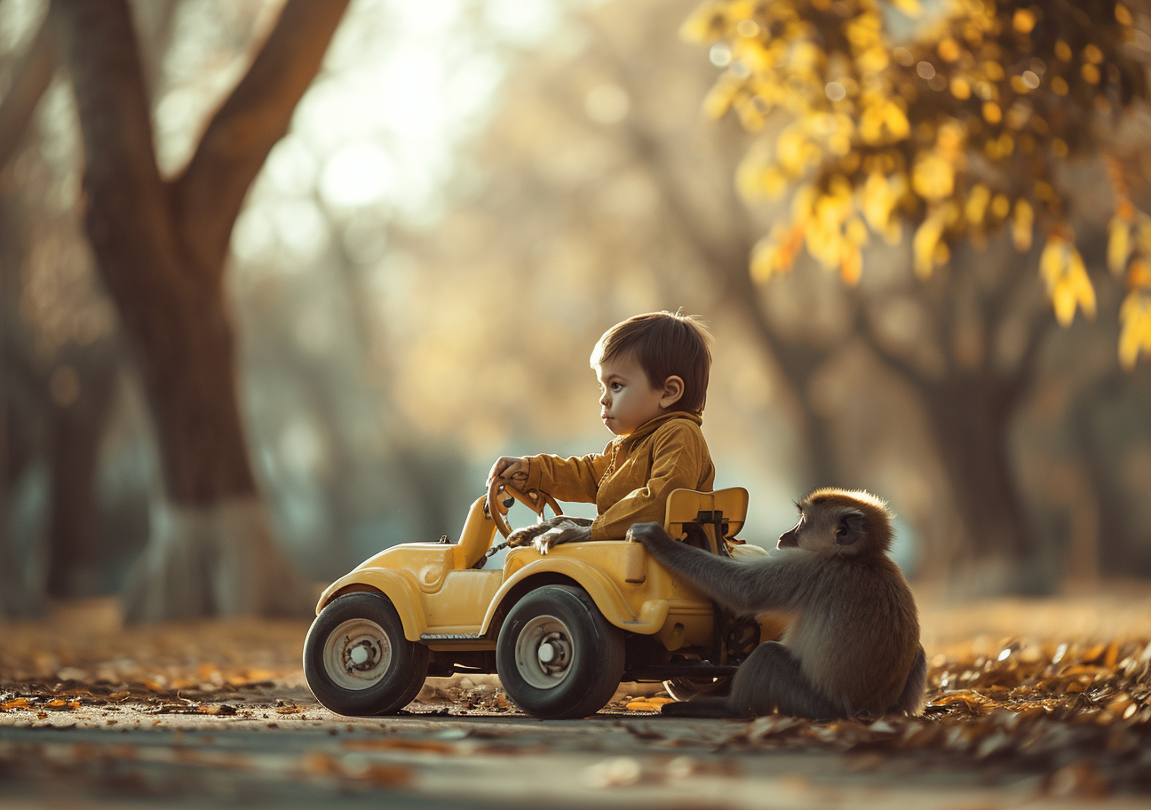 Boy riding adorable banana car