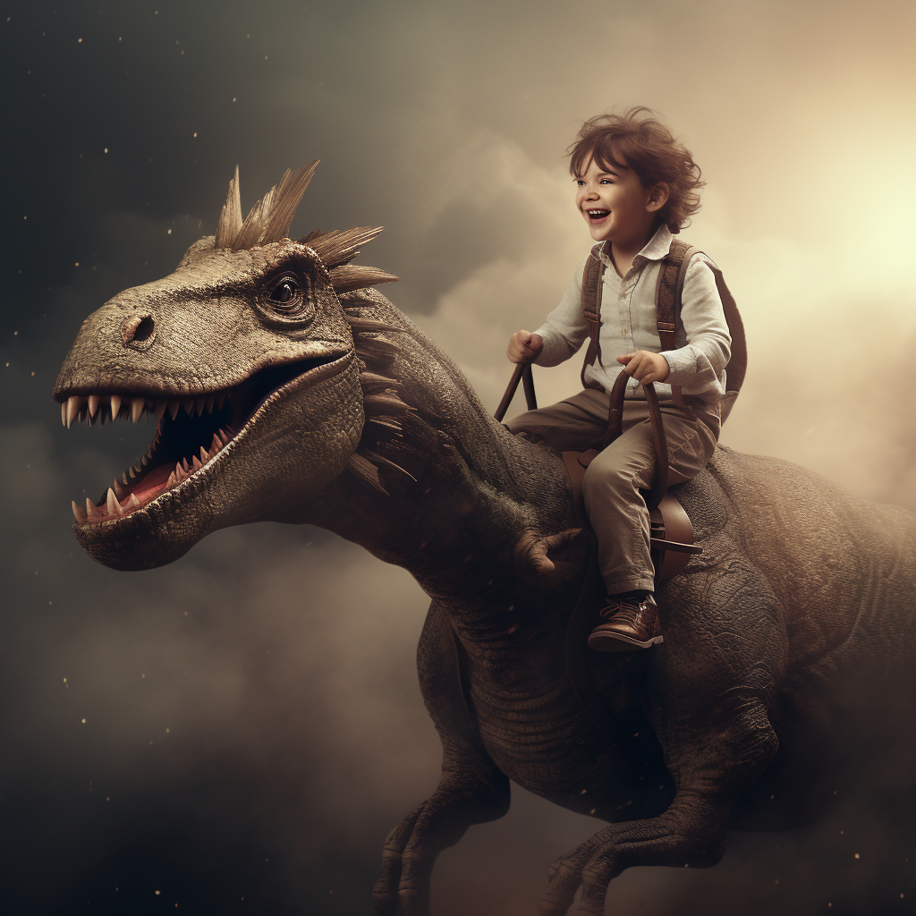 A young boy riding a dinosaur