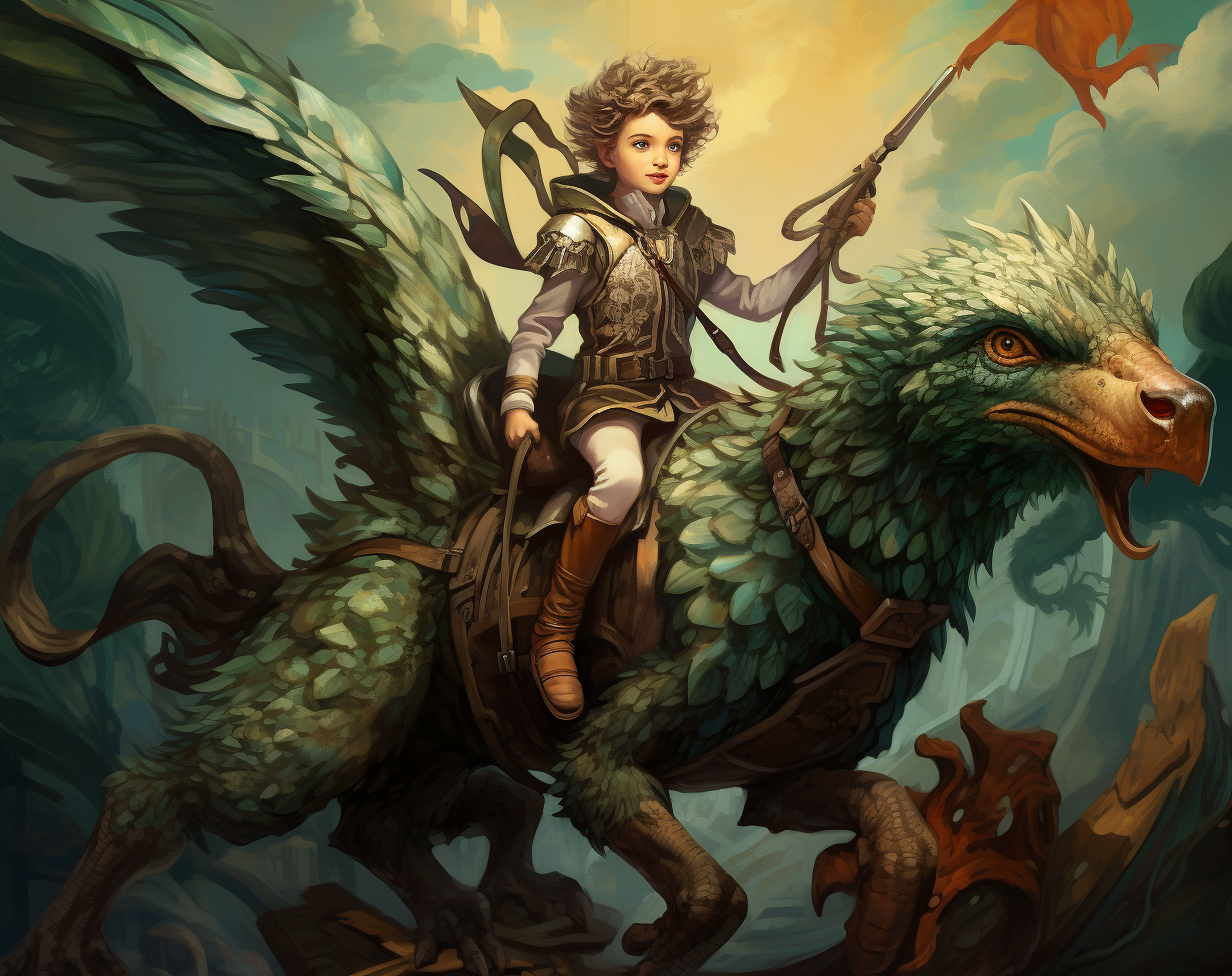 Boy riding a mythological griffin