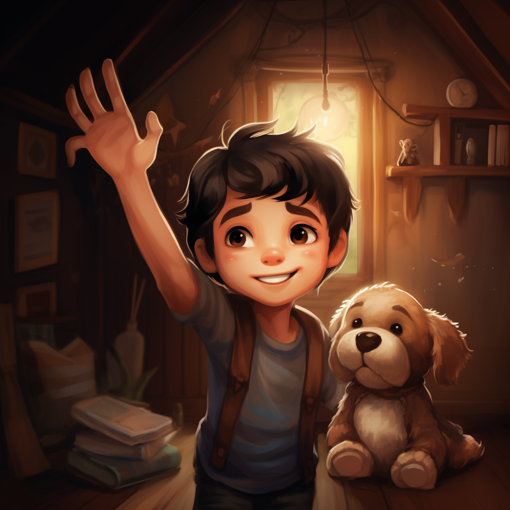 Illustration of a boy with spiked dark brown hair holding a light brown teddy bear, waving hello.