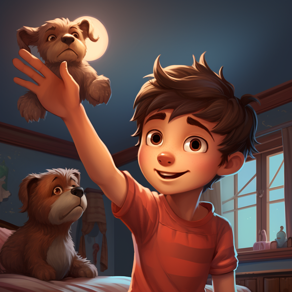 Boy with Spiked Hair Holding Teddy and Waving