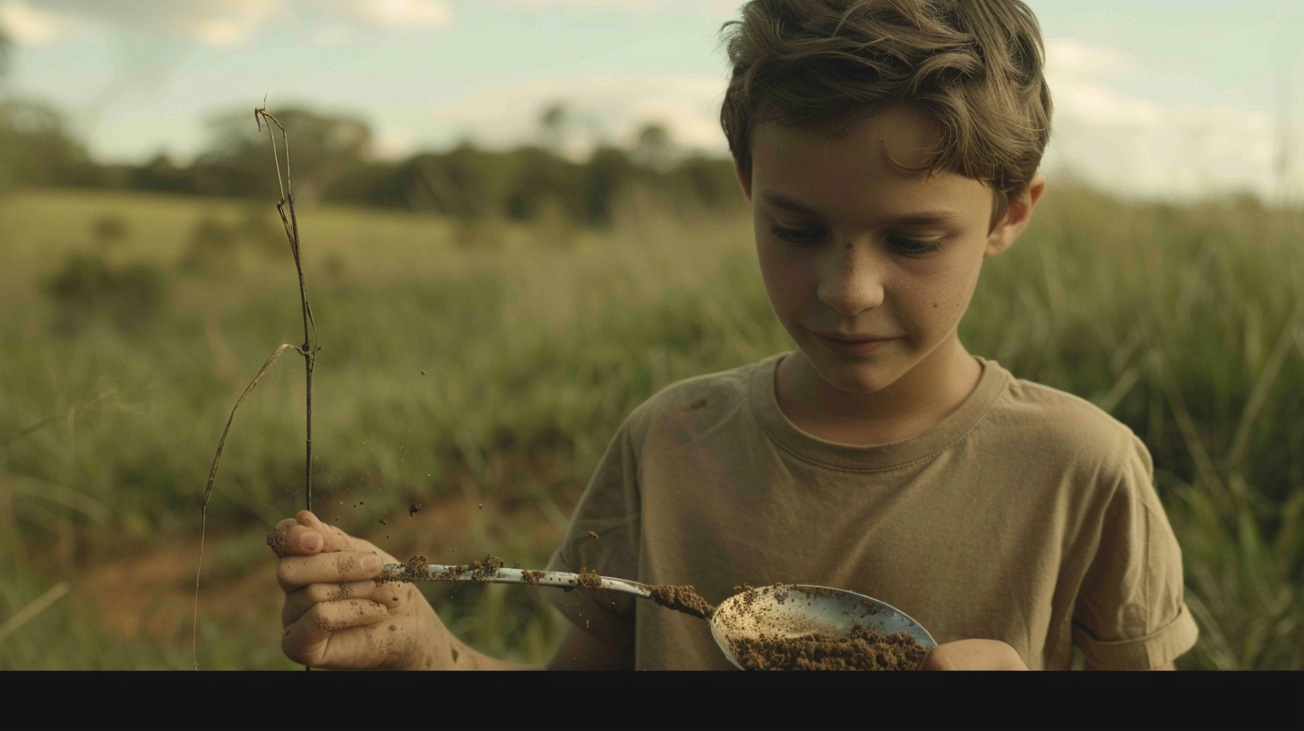 Boy holding spoon in wide shot