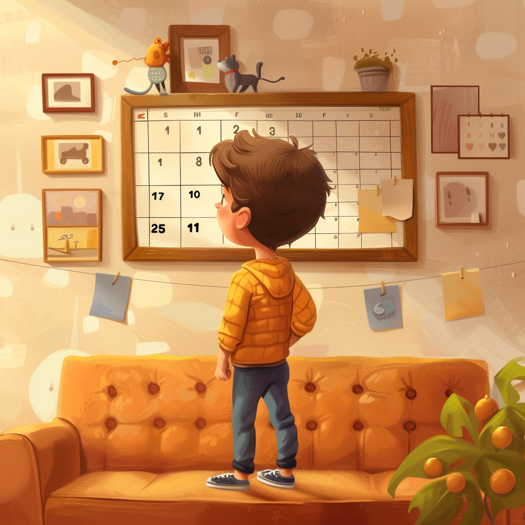 Boy standing on sofa looking at calendar