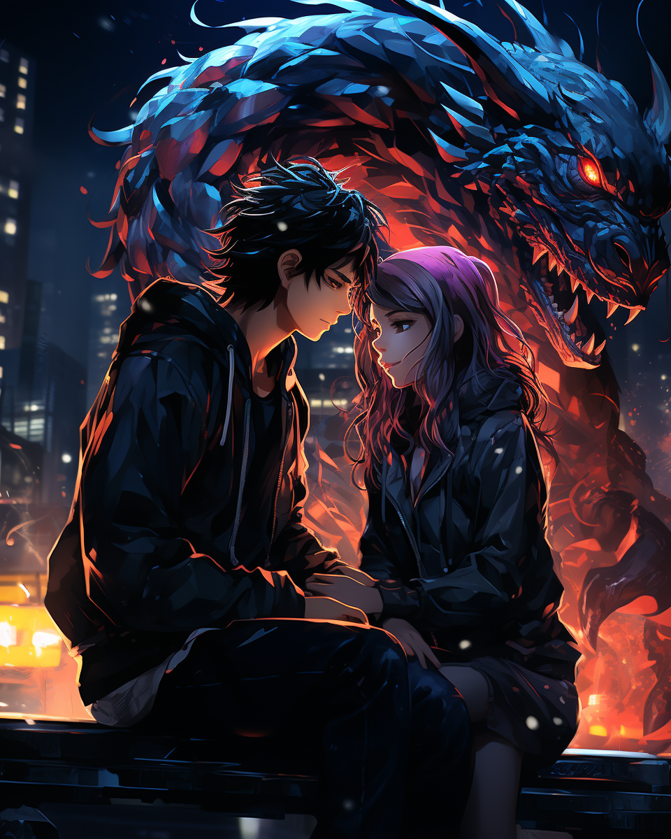 Anime-style boy with supermodel girl and dragon