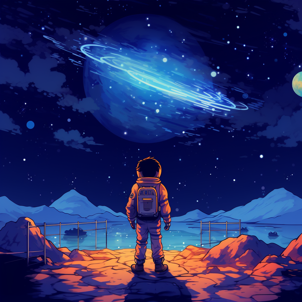 Pixel Art of Boy Traveling Among Stars