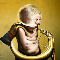 Boy turning into tuba in picture