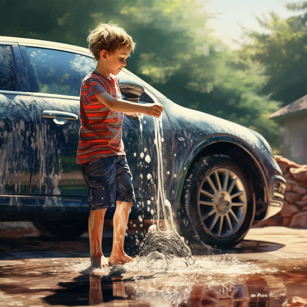 Boy washing car with car wash brush