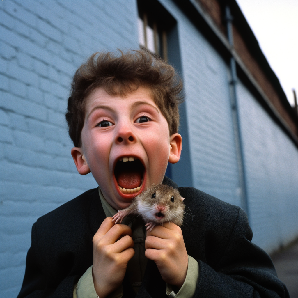 Adorable boy with mouse emerging from mouth