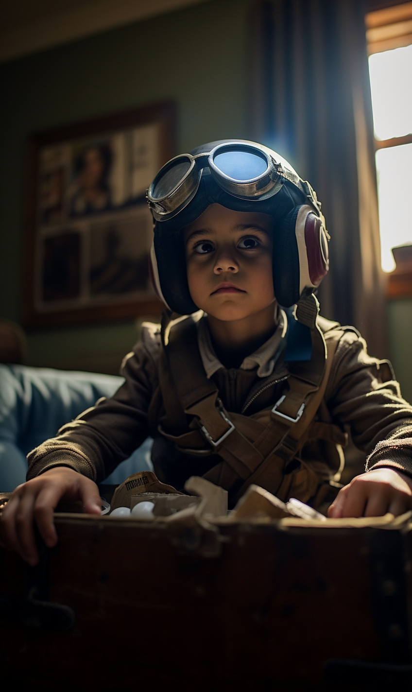 Young boy dressed as WW2 pilot in living room