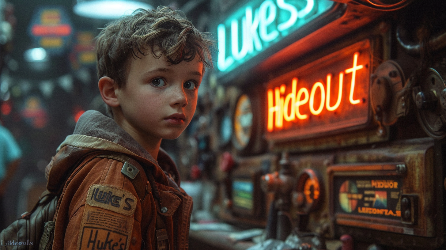 Young boy with YouTube channel, comic book style, space theme, neon sign