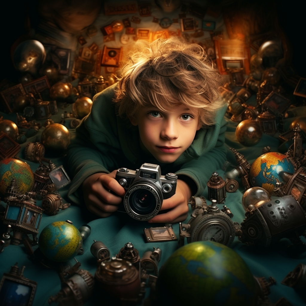 Boy on Bed with Camera Capturing Memories