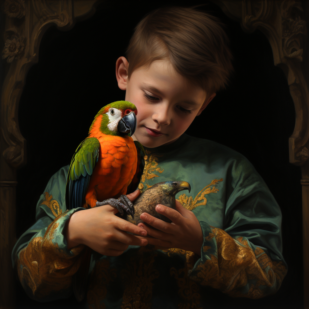 Boy feeding a colorful parrot