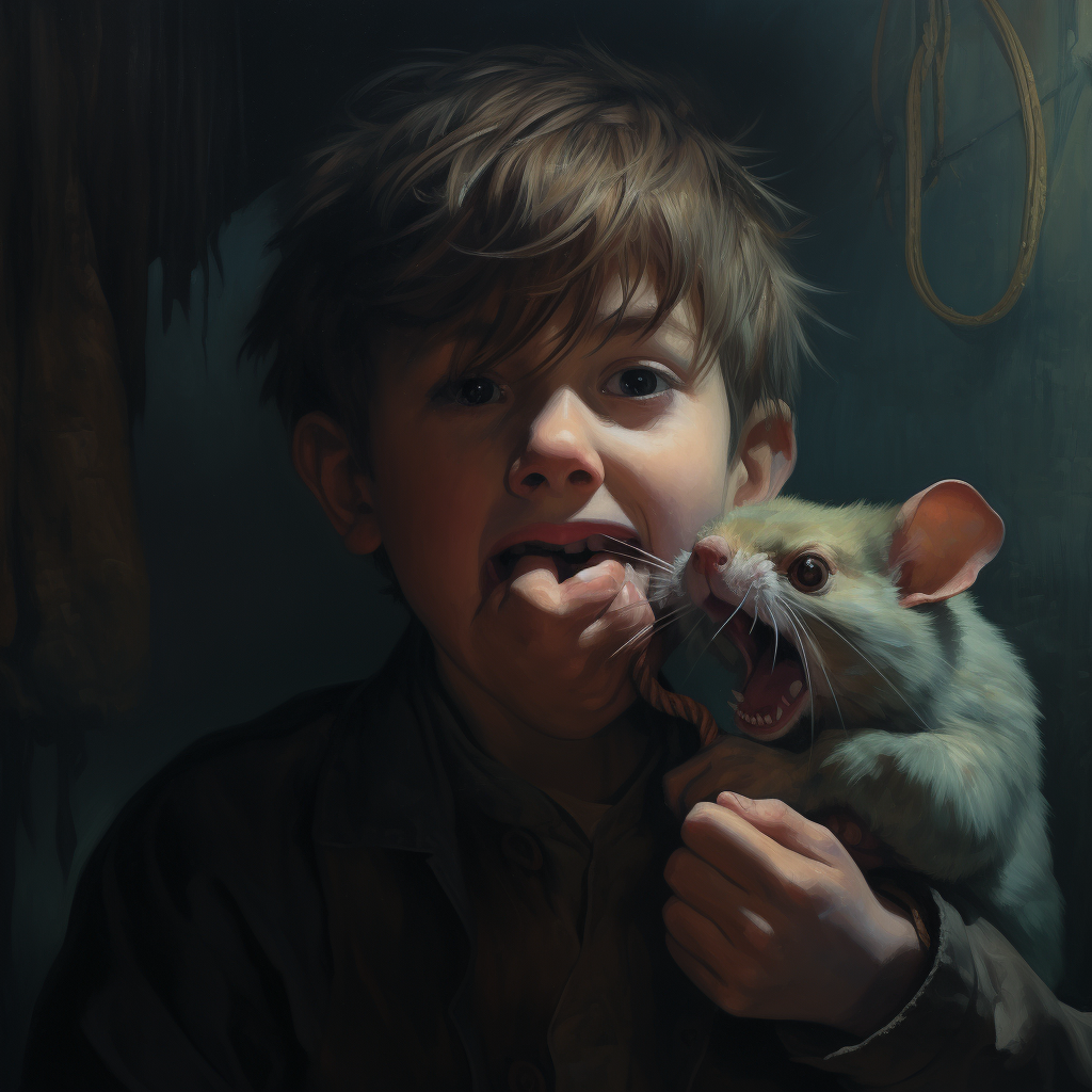 Boy holding mouse in mouth