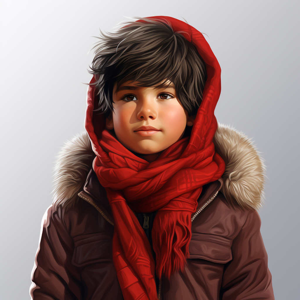 Young boy wearing red snowsuit in winter