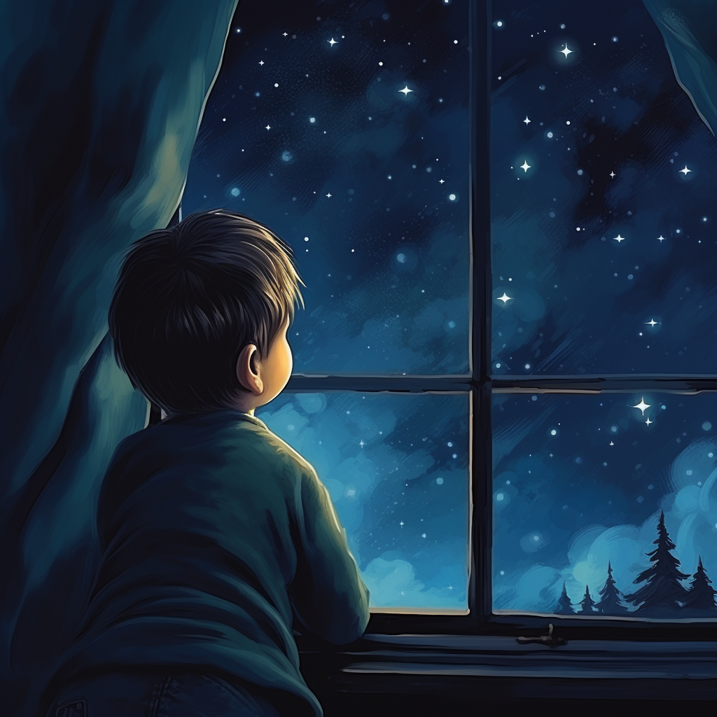 boy looking at stars from bedroom