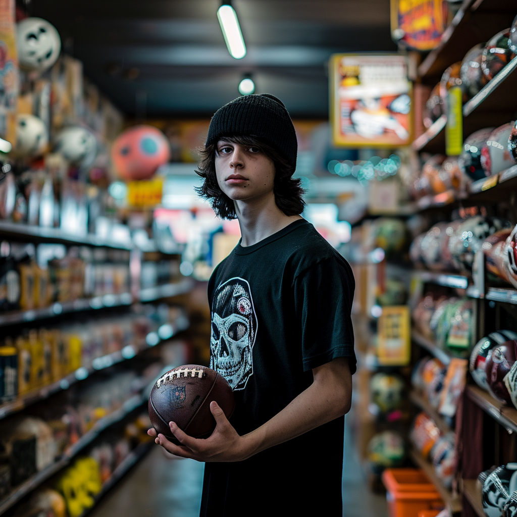 Teen boy stealing NFL ball from shelf