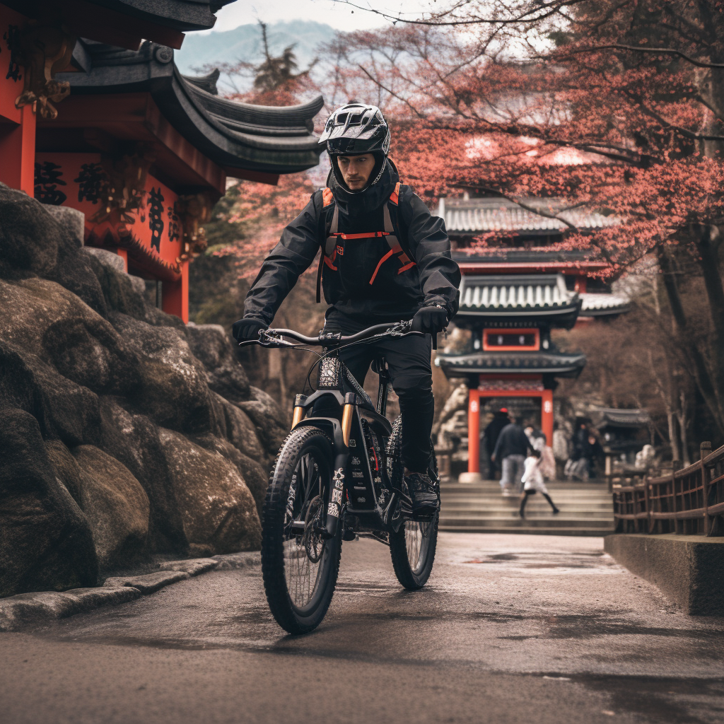 Boyca riding electric bike near Japanese temple