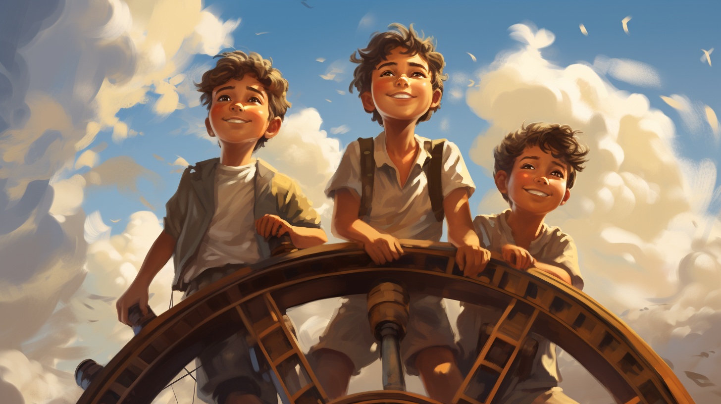 Three boys with big smiles holding a ship's wheel