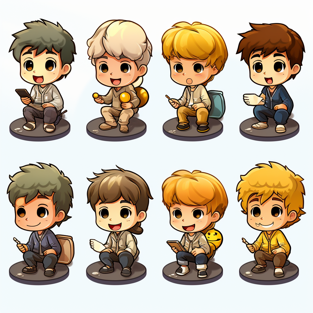 Group of boys using laptops in chibi style