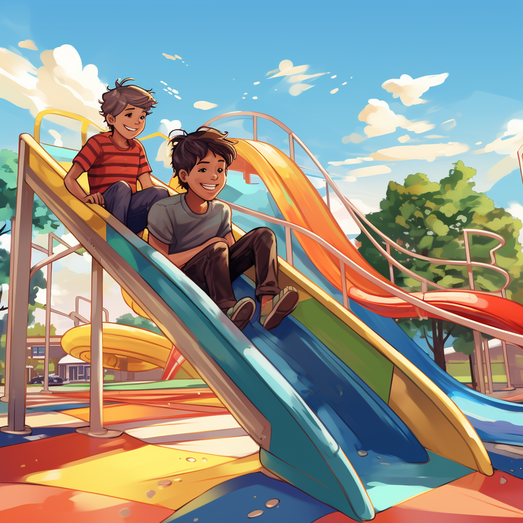 boys riding slide colorful playground sunny day