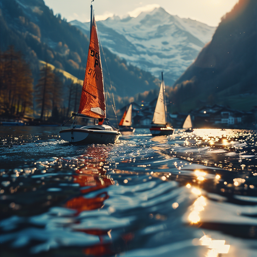 Boys sailing on sailboats in beautiful Grindelwald