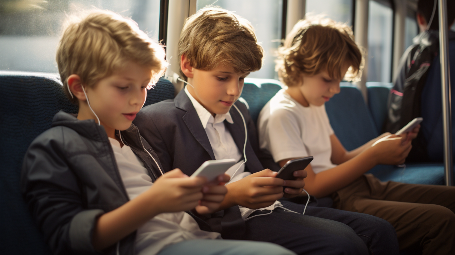 Young boys on train seat with cellphone