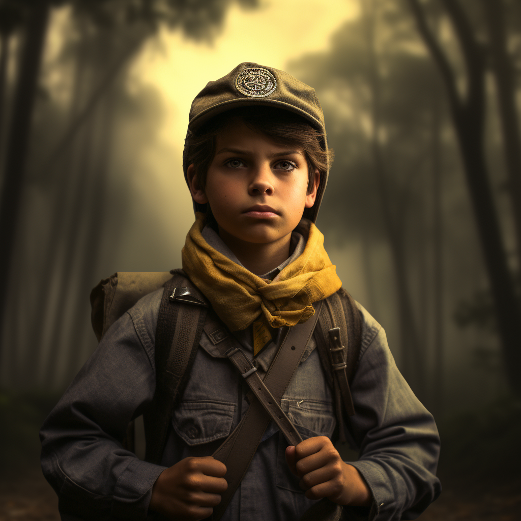 Young boyscout with compass in forest