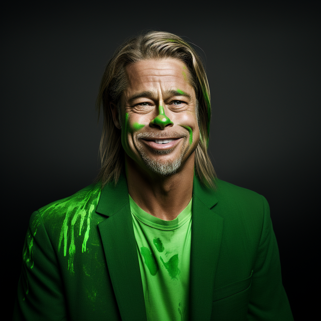 Brad Pitt without teeth in green paint