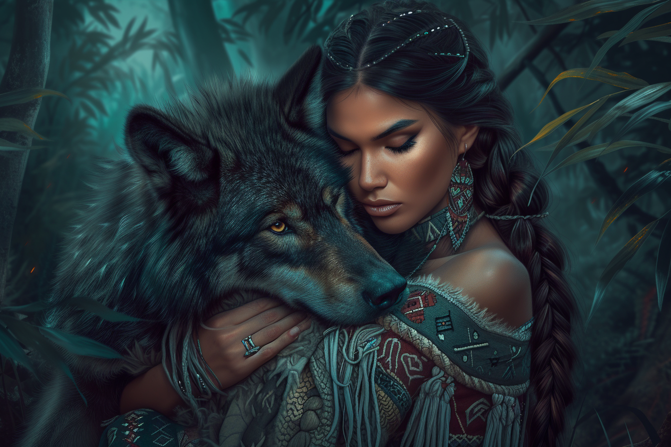 Native American Woman Hugging Dark Wolf in Mystical Forest