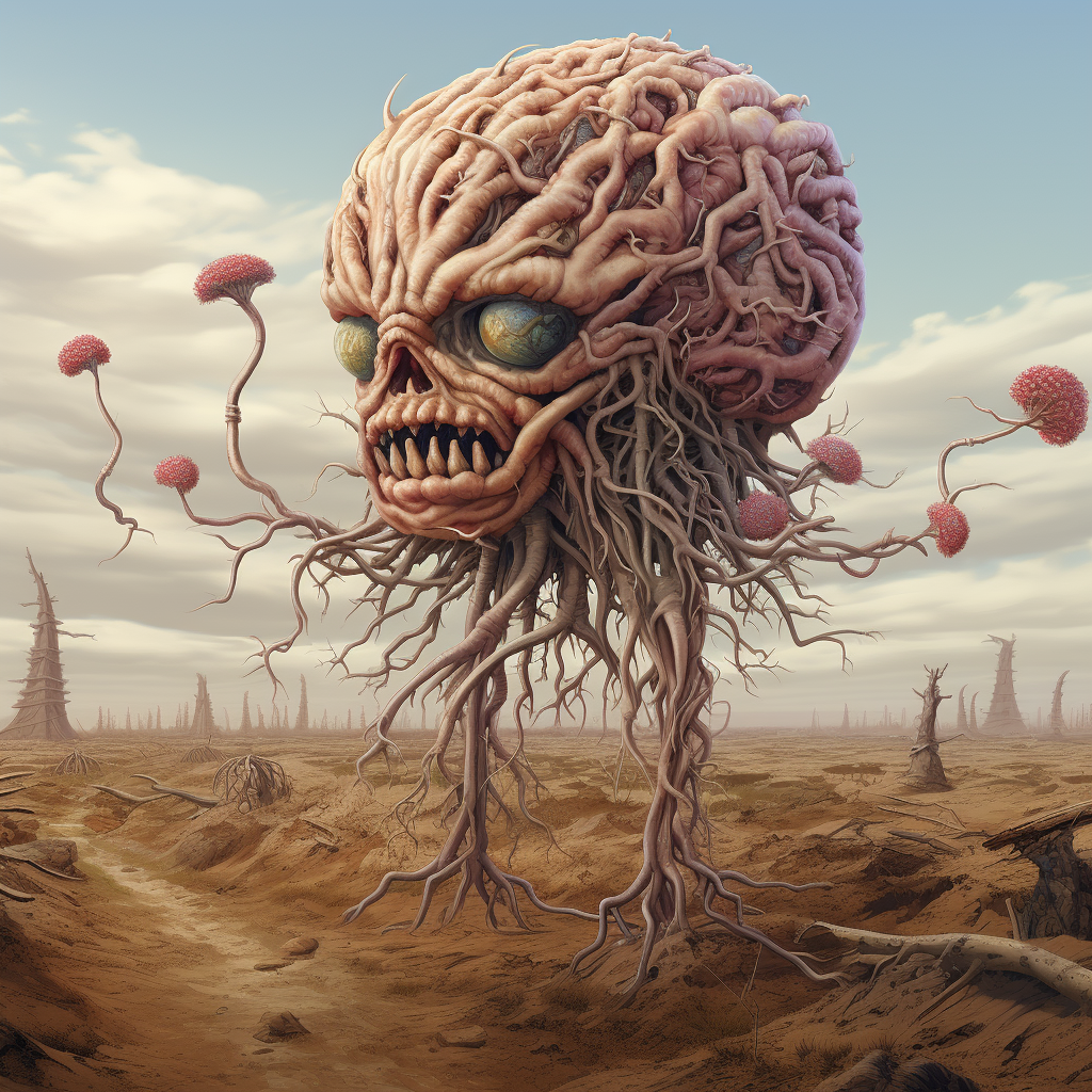 Massive brain monster navigating thorny terrain