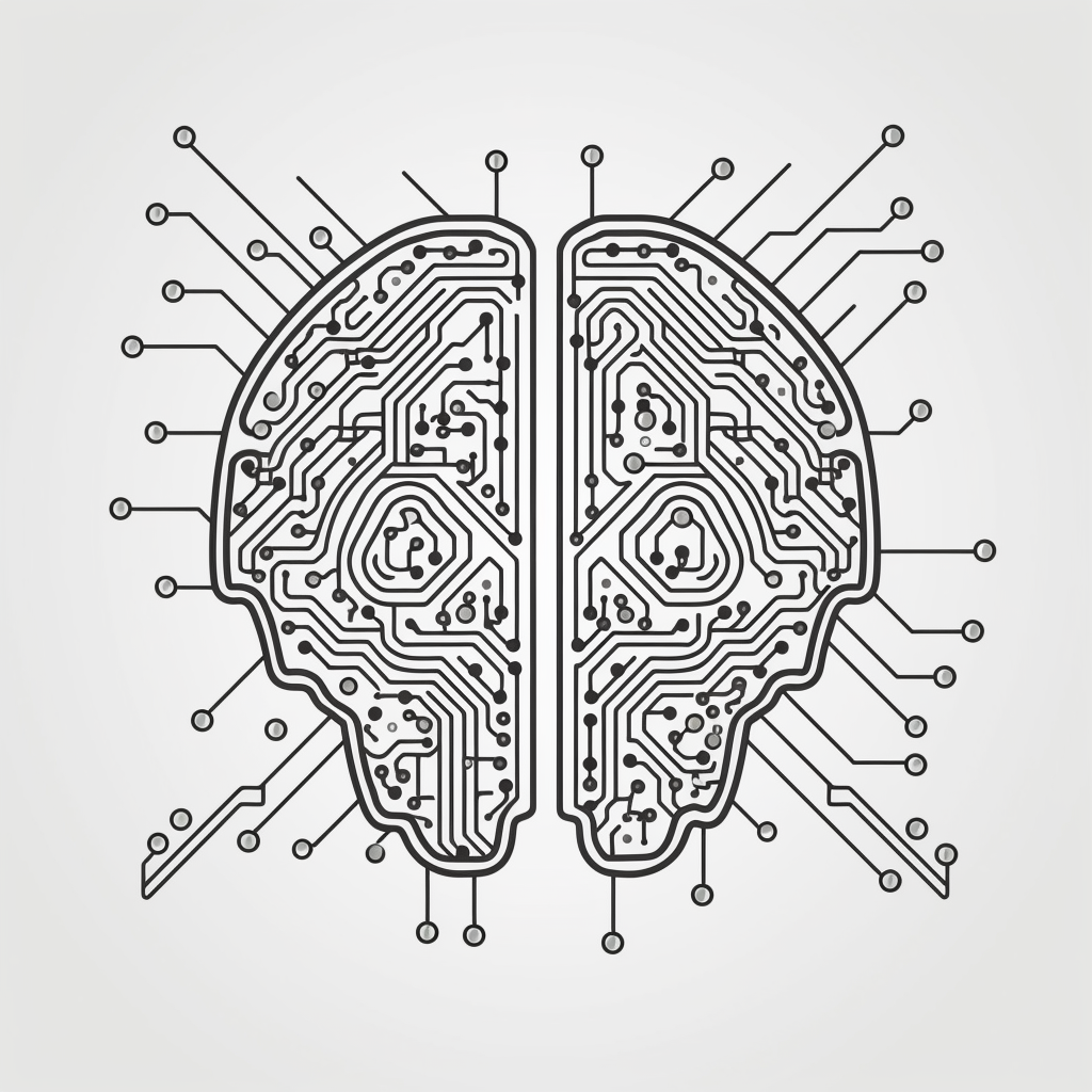 Black and white line illustration of AI brain outline with circuit board pattern