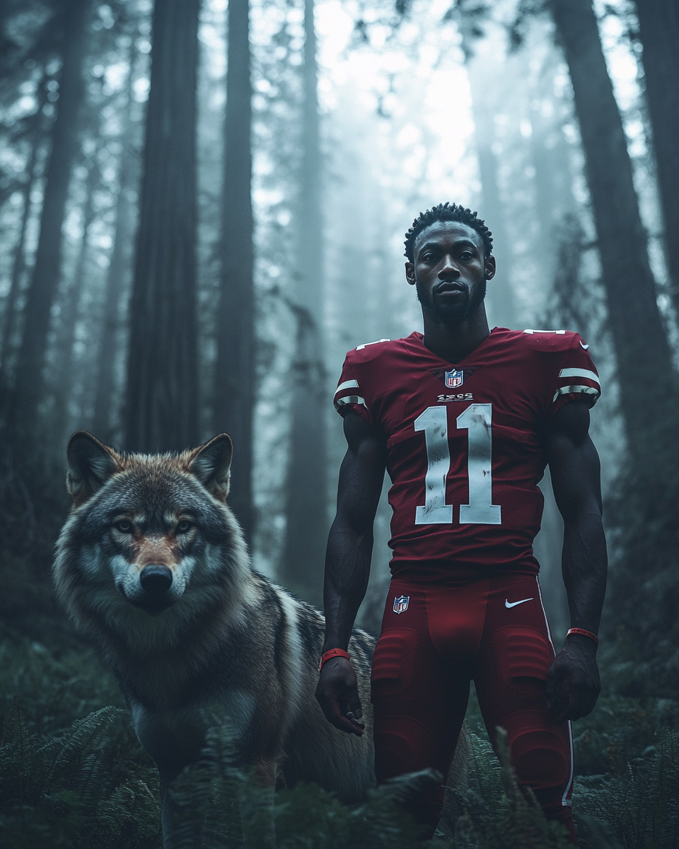 Brandon Aiyuk with wolf in California woods