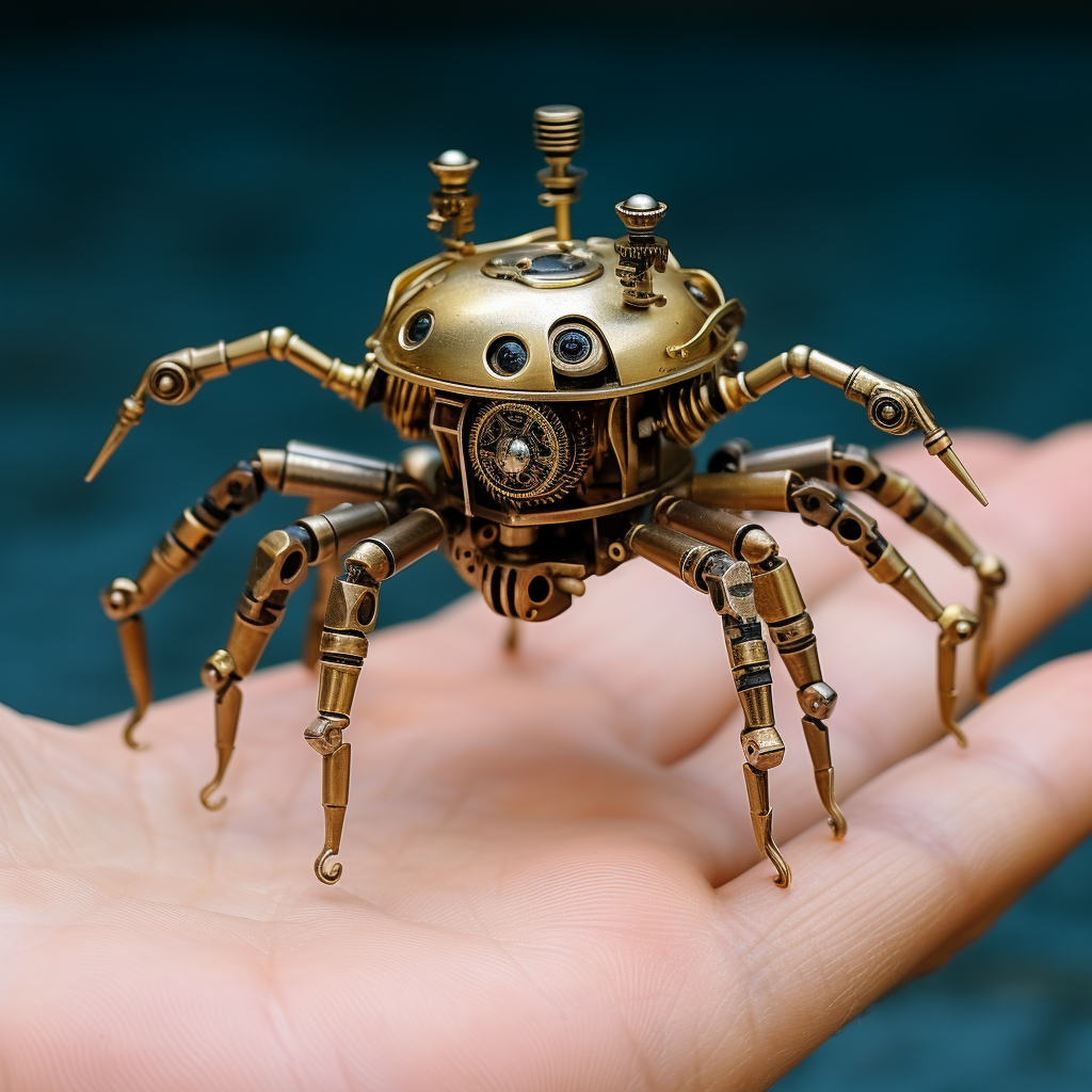 Small brass steam-powered robot with multiple limbs