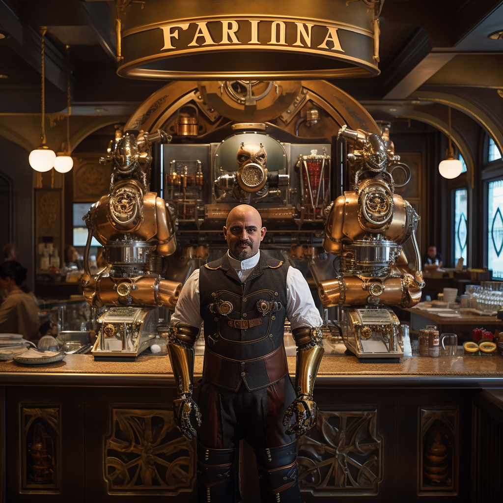 Waiter serving patrons in steampunk brasserie