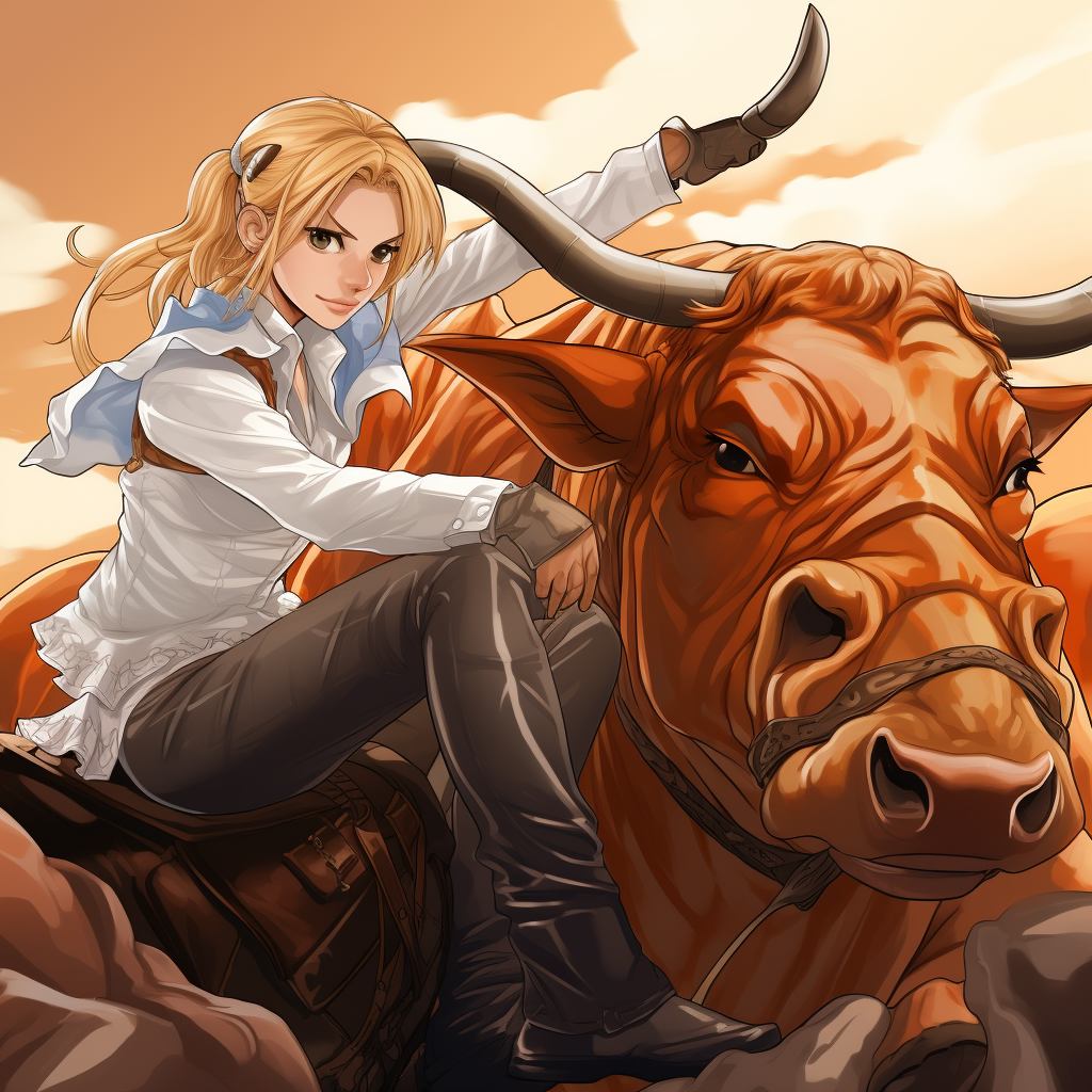 Brave blond girl bull fight