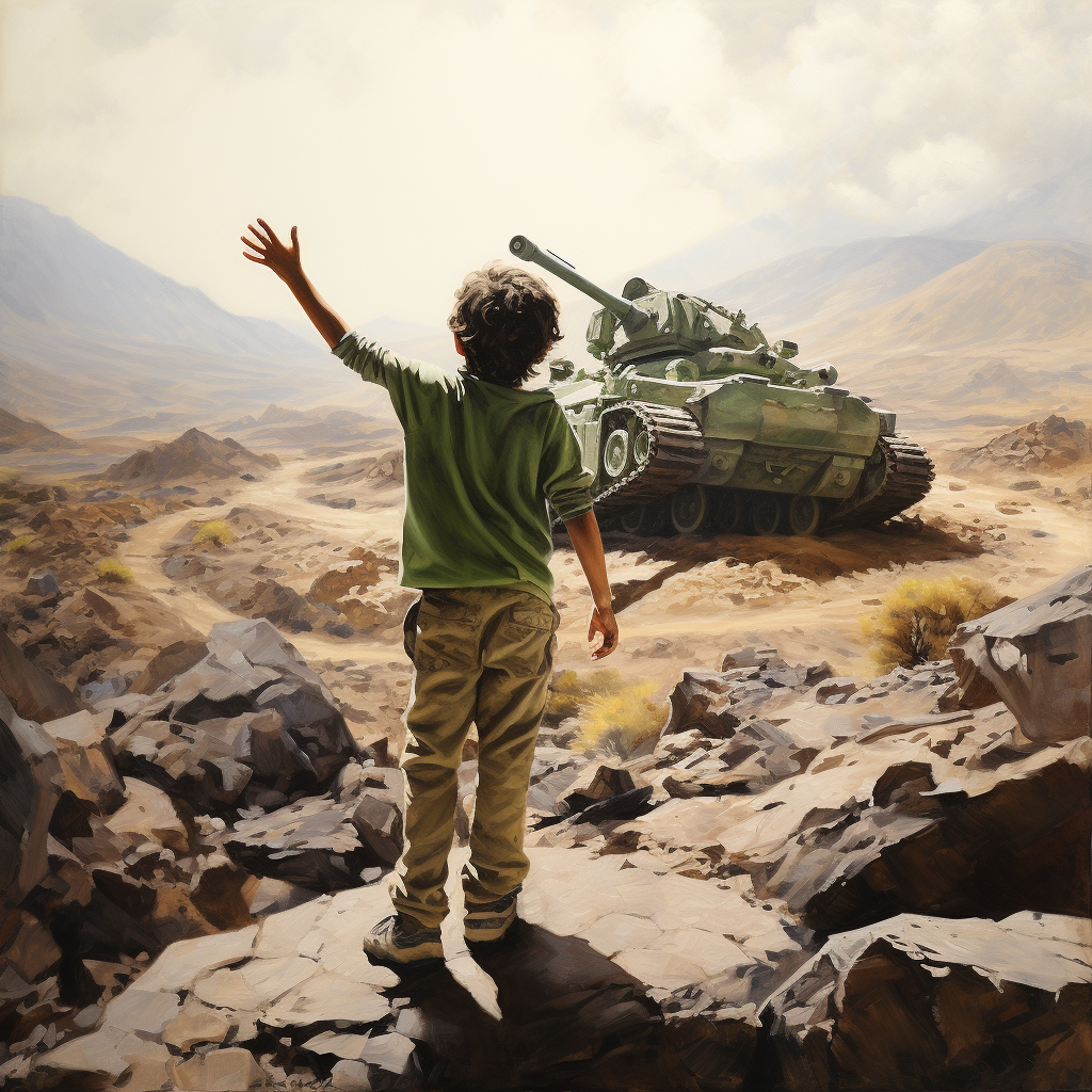 Courageous Arab Child facing Green Tank