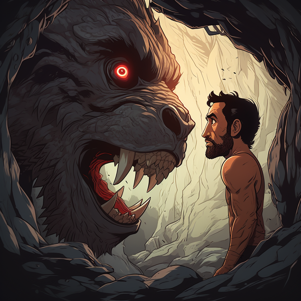 Cartoon-style Brave Man Facing Beast