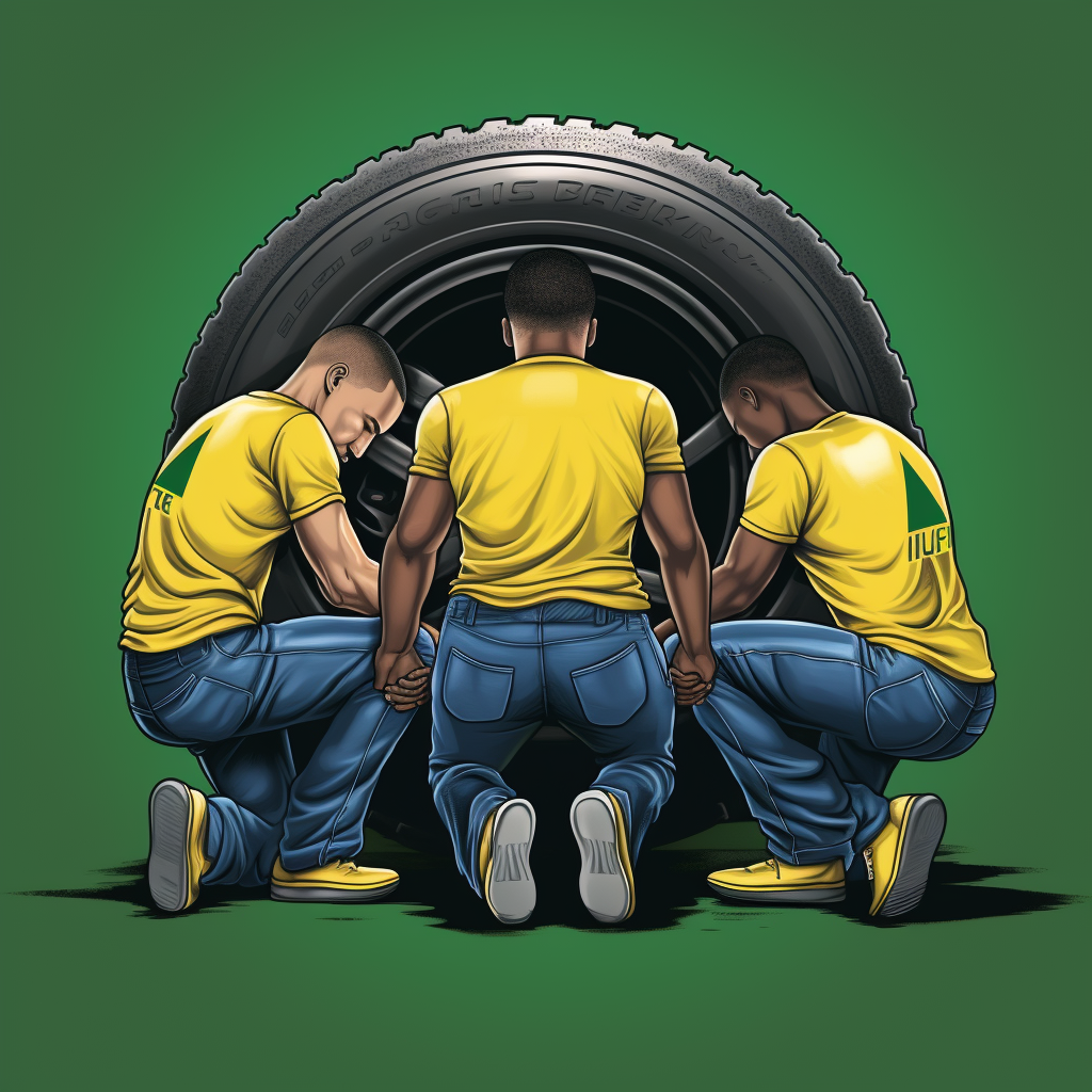 Four people praying around Brazilian flag