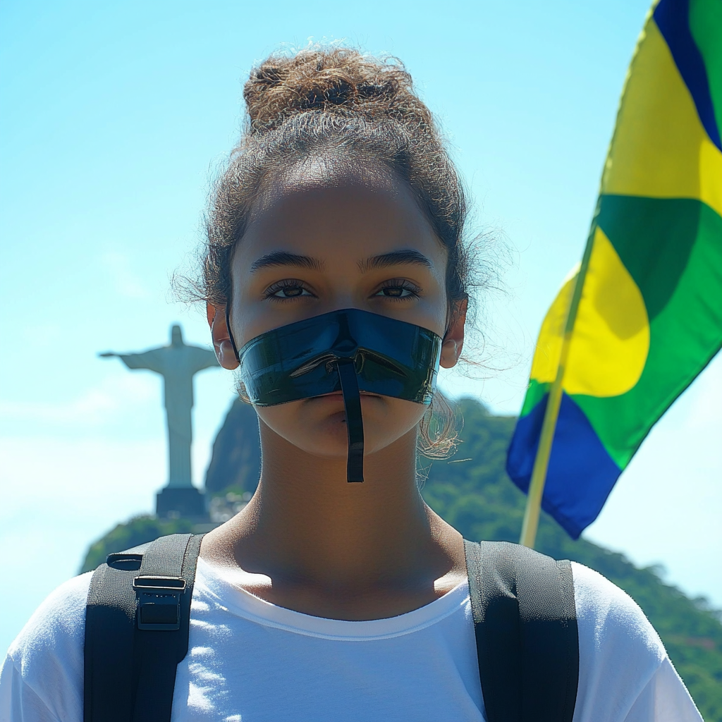 Brazilian girl holding flag with tape