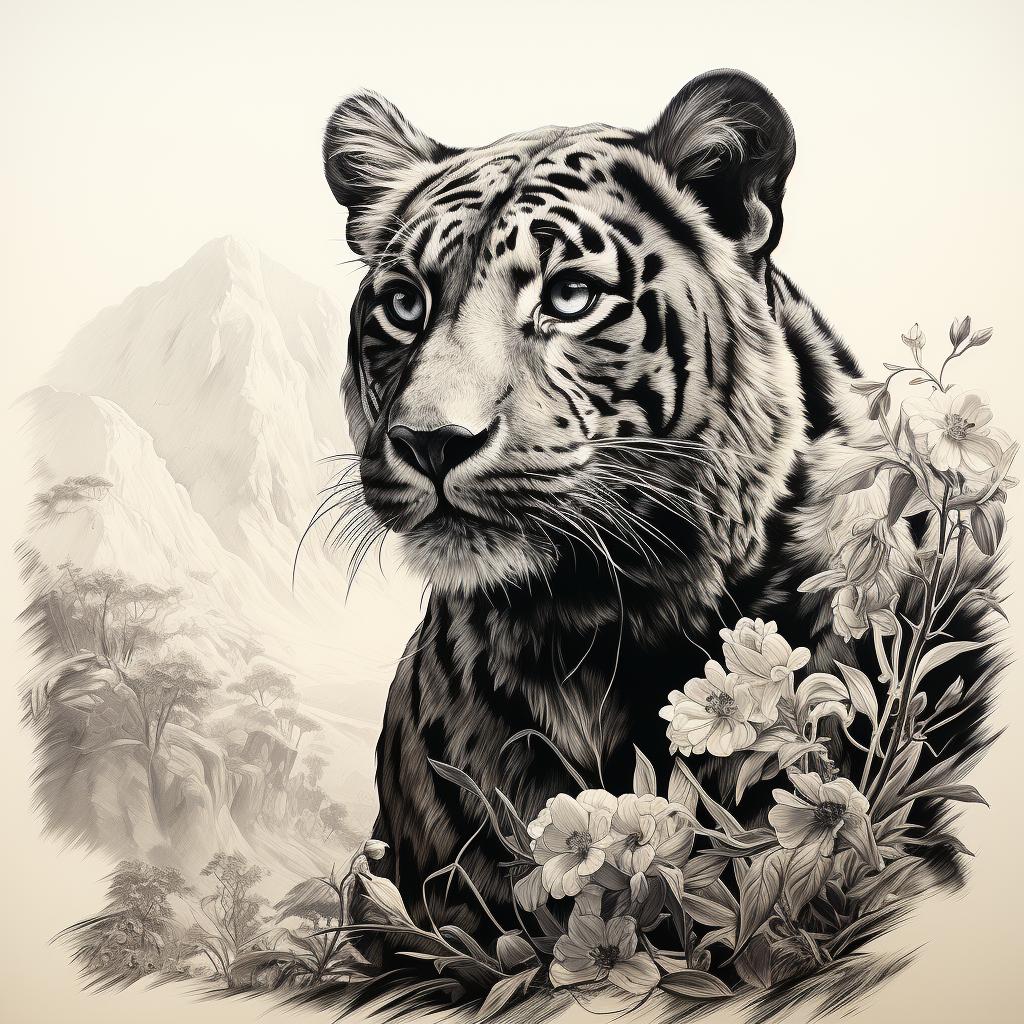 Engraving of Brazilian leopard amidst tropical plants