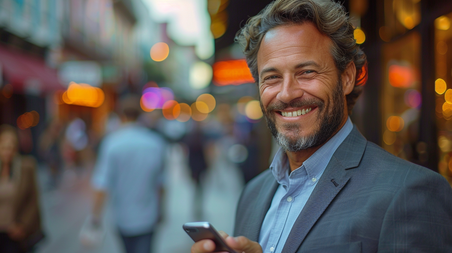 Brazilian businessman using cellphone smiling