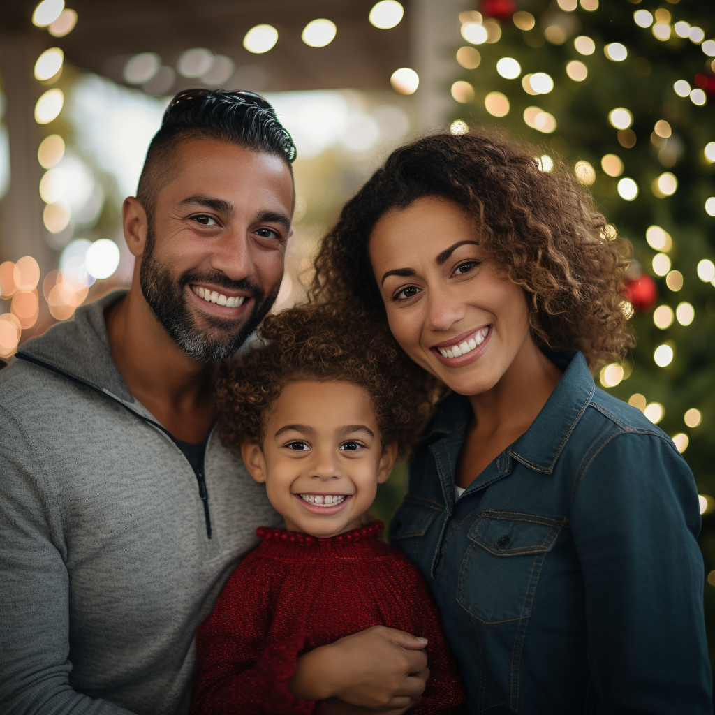 Brazilian family posing in front of Christmas trees