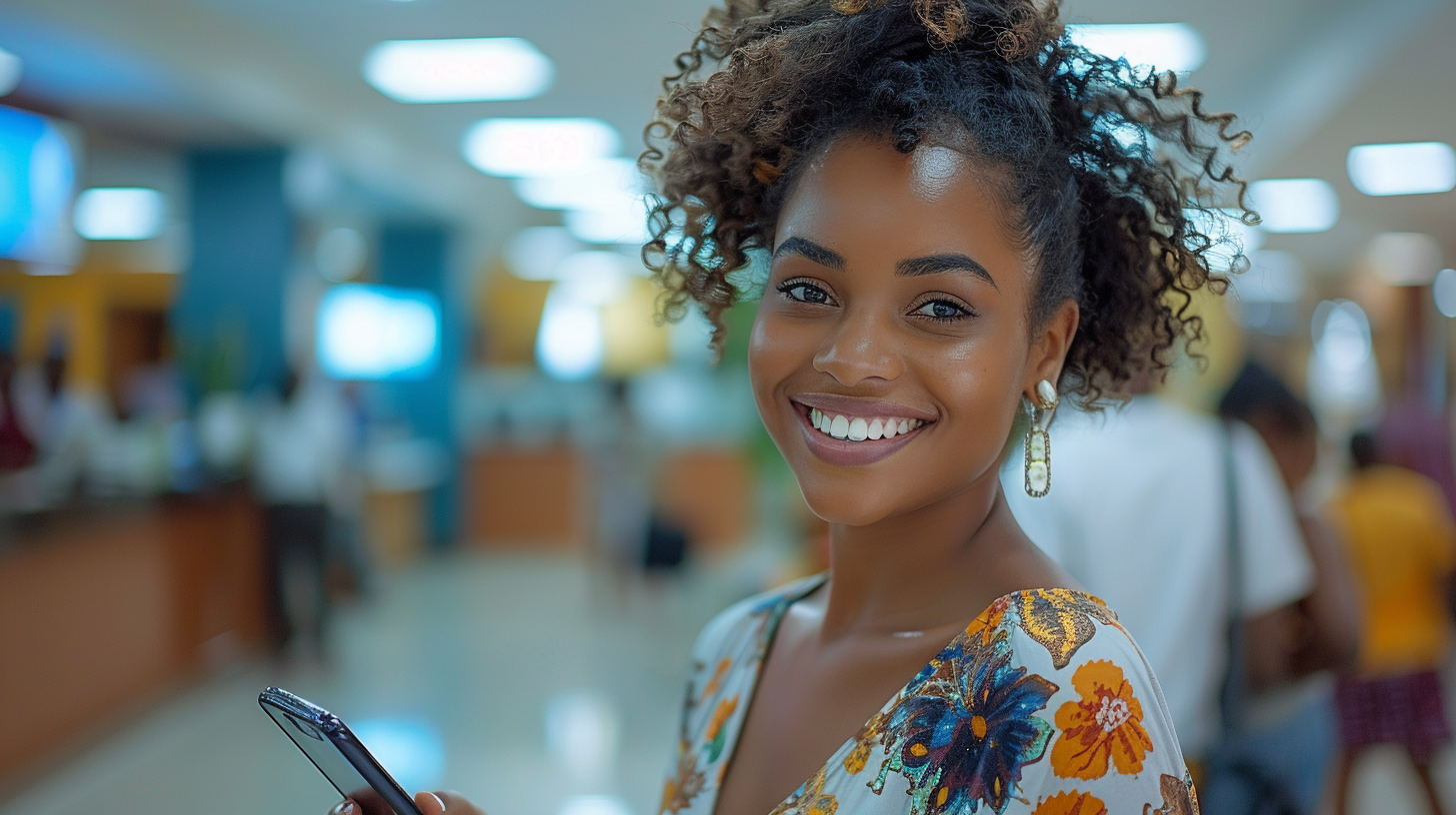 happy brazilian bank workers cellphone