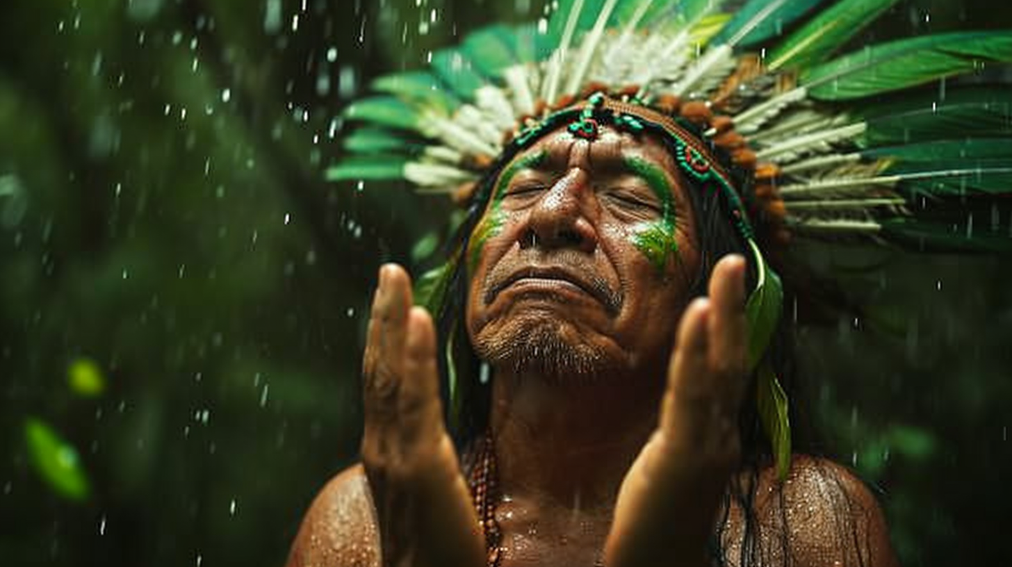 Brazilian Native Indian Praying in Forest