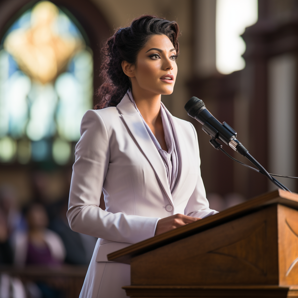 Brazilian woman in white blazer suit with violet eyes