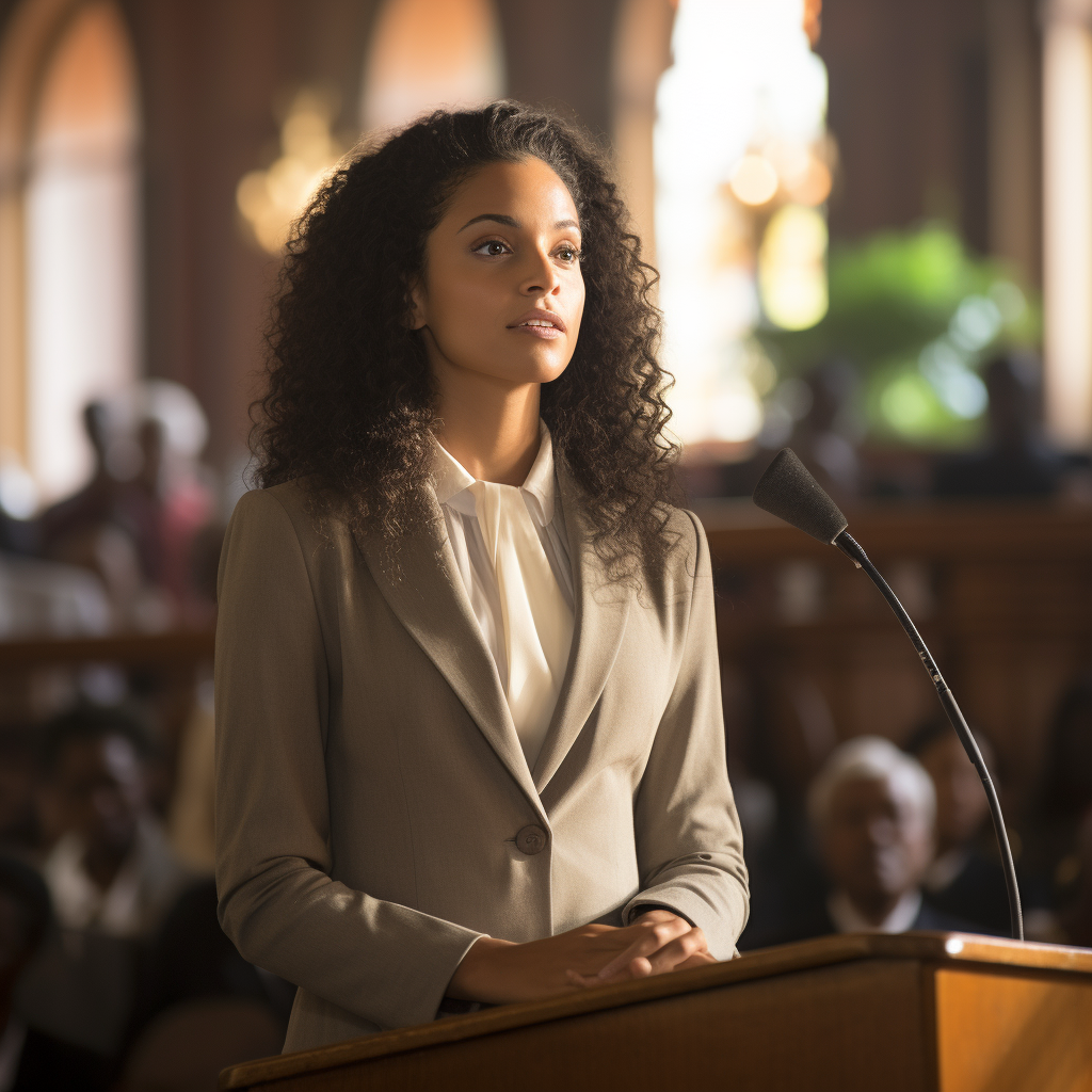 Brazilian woman in white blazer suit speaking at church podium