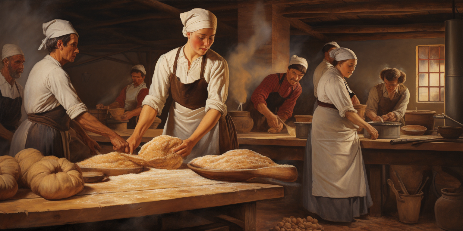 Workers making bread in bakery