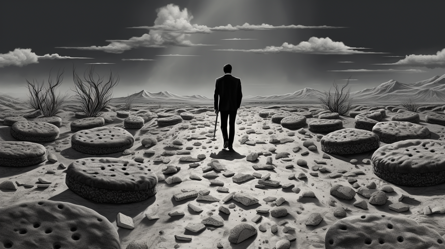 Man following bread trail in the desert