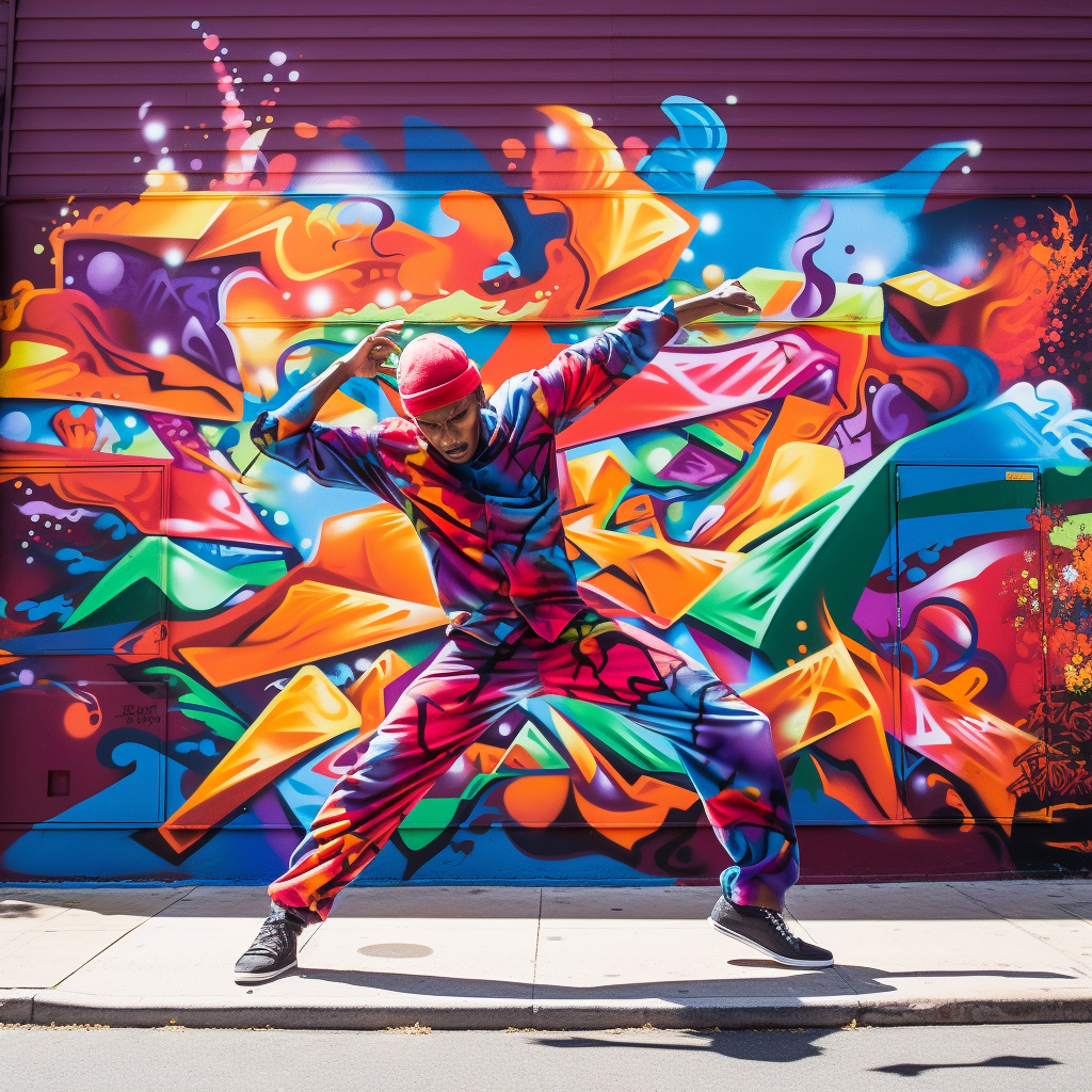 Breakdancing Bboy in front of graffiti mural